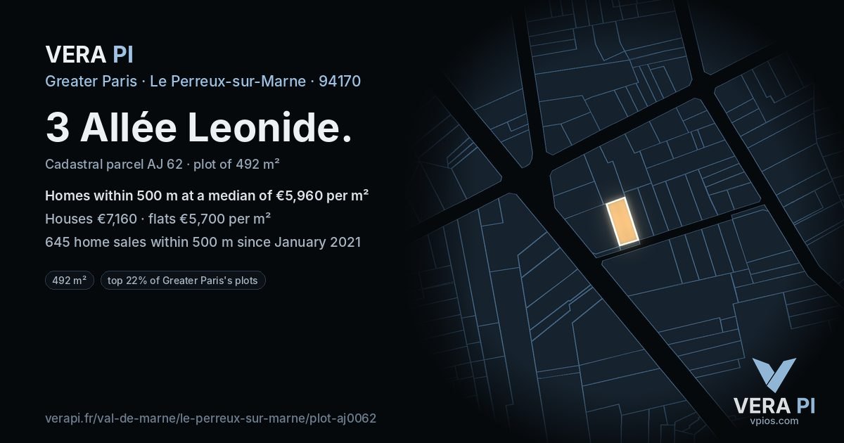 3 Allée Leonide, Le Perreux-sur-Marne at night – the plot lit, the parcels around coloured by the prices near them