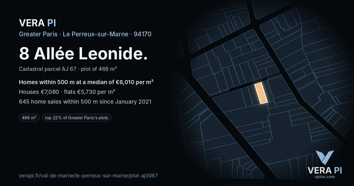 8 Allée Leonide, Le Perreux-sur-Marne at night – the plot lit, the parcels around coloured by the prices near them