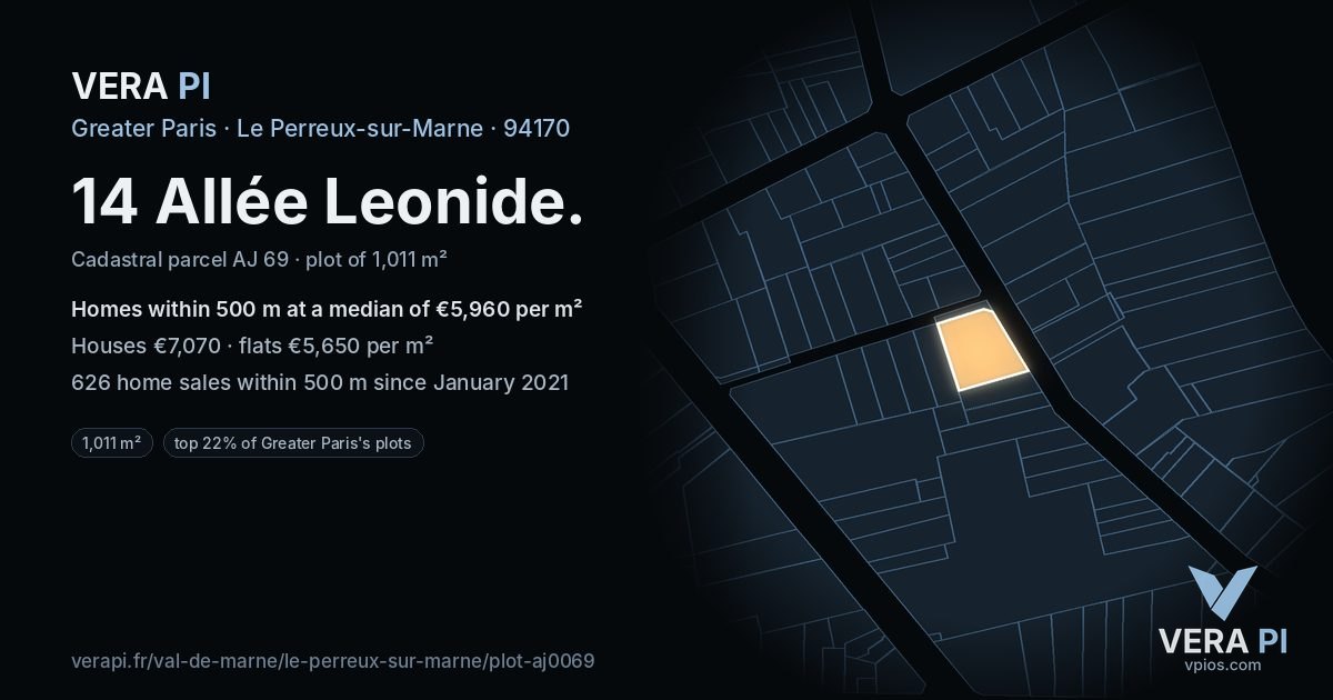 14 Allée Leonide, Le Perreux-sur-Marne at night – the plot lit, the parcels around coloured by the prices near them