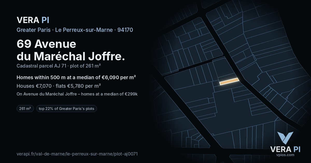 69 Avenue du Maréchal Joffre, Le Perreux-sur-Marne at night – the plot lit, the parcels around coloured by the prices near them