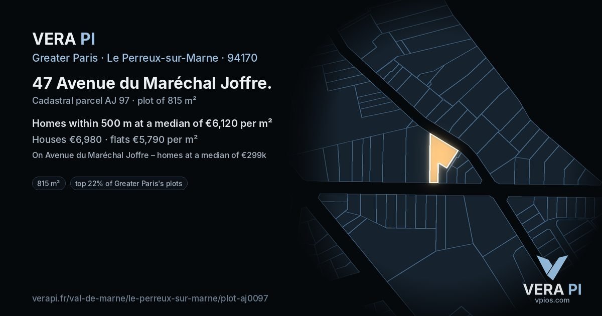 47 Avenue du Maréchal Joffre, Le Perreux-sur-Marne at night – the plot lit, the parcels around coloured by the prices near them