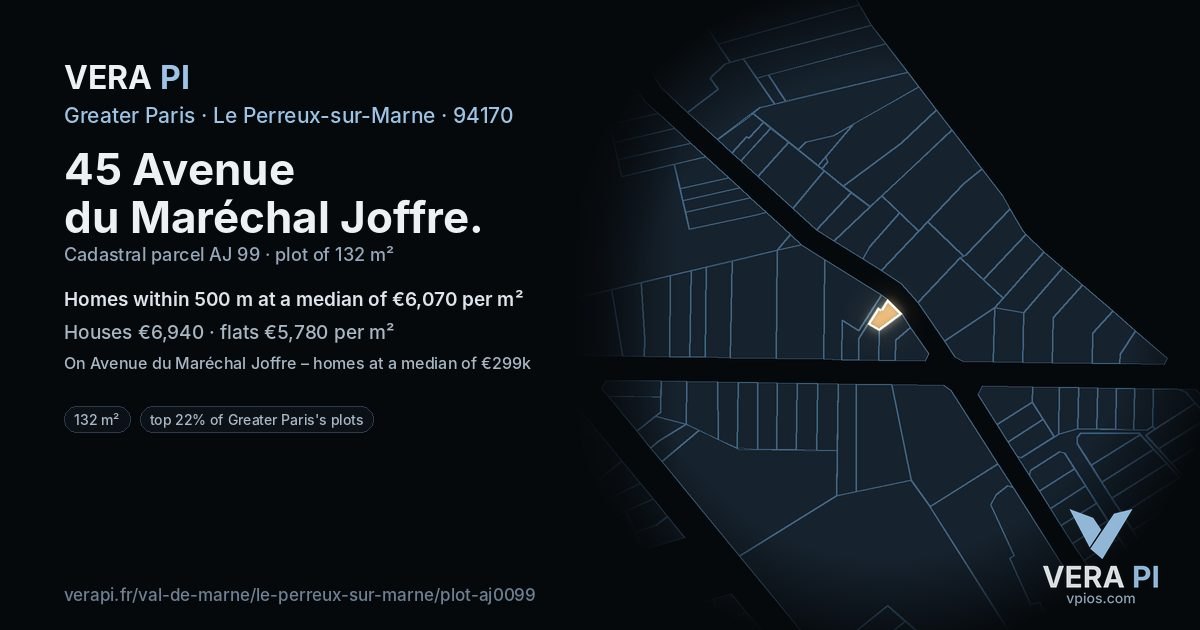 45 Avenue du Maréchal Joffre, Le Perreux-sur-Marne at night – the plot lit, the parcels around coloured by the prices near them