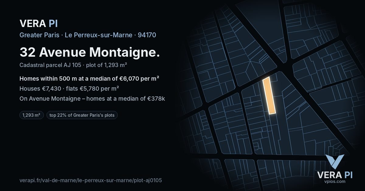 32 Avenue Montaigne, Le Perreux-sur-Marne at night – the plot lit, the parcels around coloured by the prices near them