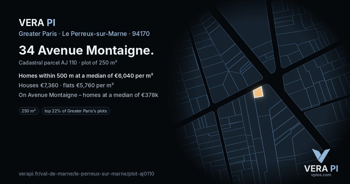 34 Avenue Montaigne, Le Perreux-sur-Marne at night – the plot lit, the parcels around coloured by the prices near them
