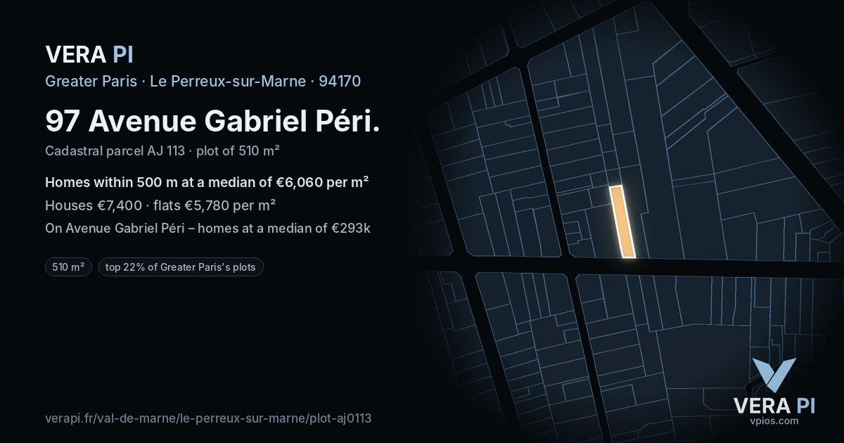 97 Avenue Gabriel Péri, Le Perreux-sur-Marne at night – the plot lit, the parcels around coloured by the prices near them