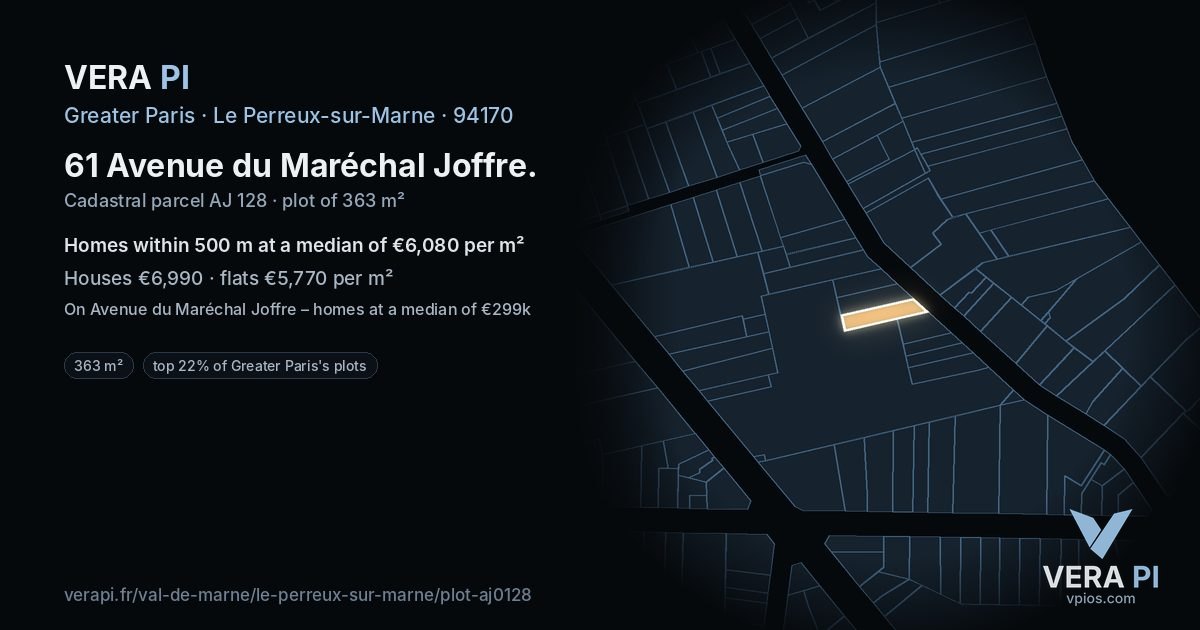 61 Avenue du Maréchal Joffre, Le Perreux-sur-Marne at night – the plot lit, the parcels around coloured by the prices near them