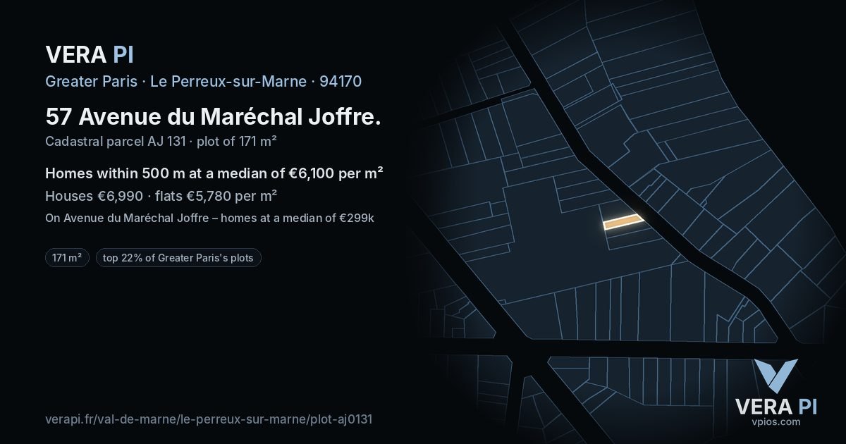 57 Avenue du Maréchal Joffre, Le Perreux-sur-Marne at night – the plot lit, the parcels around coloured by the prices near them
