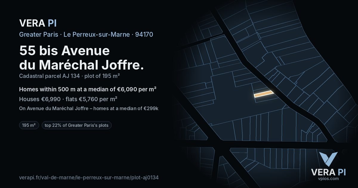 55 bis Avenue du Maréchal Joffre, Le Perreux-sur-Marne at night – the plot lit, the parcels around coloured by the prices near them
