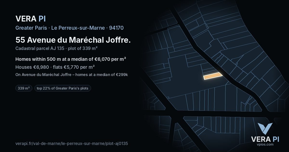55 Avenue du Maréchal Joffre, Le Perreux-sur-Marne at night – the plot lit, the parcels around coloured by the prices near them