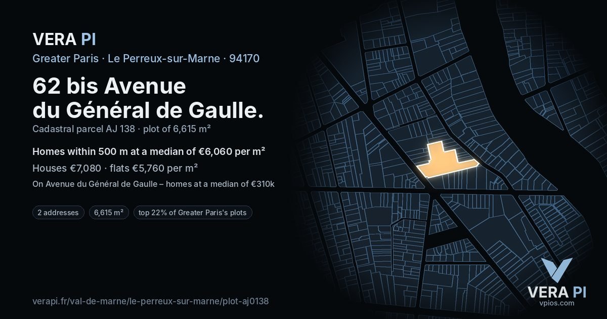 62 bis Avenue du Général de Gaulle, Le Perreux-sur-Marne at night – the plot lit, the parcels around coloured by the prices near them