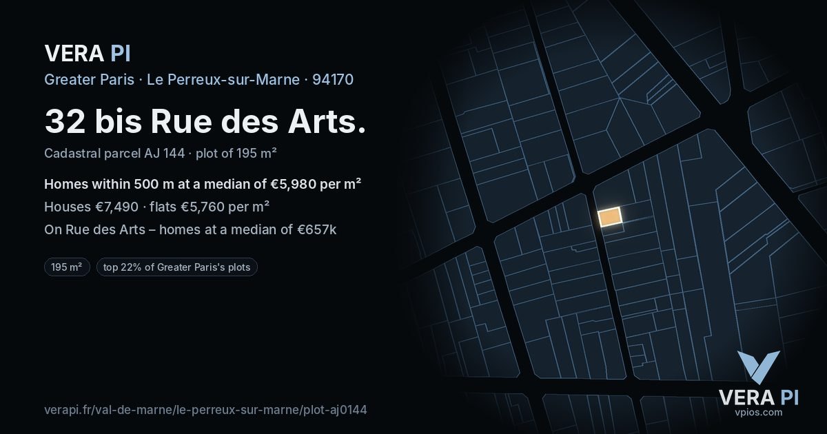32 bis Rue des Arts, Le Perreux-sur-Marne at night – the plot lit, the parcels around coloured by the prices near them