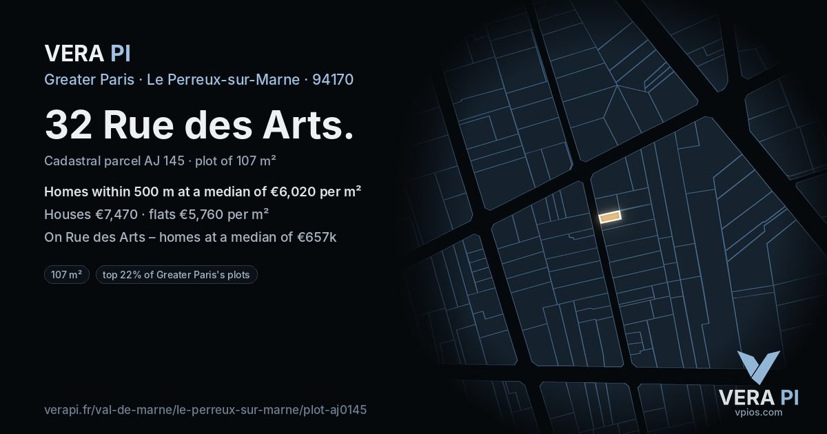 32 Rue des Arts, Le Perreux-sur-Marne at night – the plot lit, the parcels around coloured by the prices near them