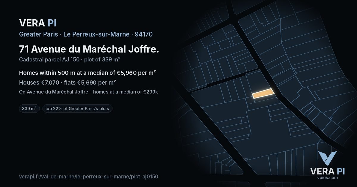 71 Avenue du Maréchal Joffre, Le Perreux-sur-Marne at night – the plot lit, the parcels around coloured by the prices near them