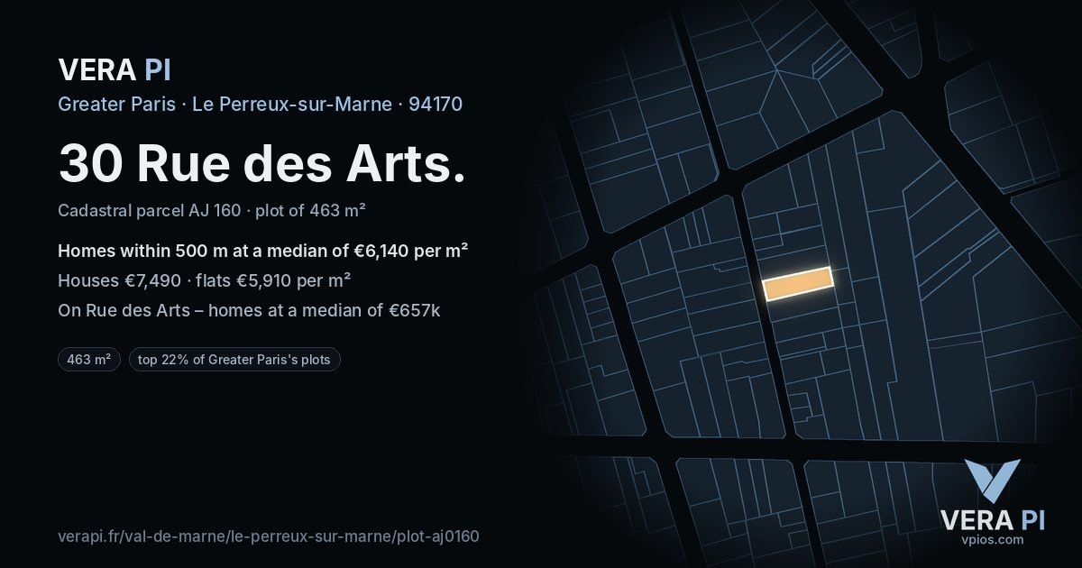 30 Rue des Arts, Le Perreux-sur-Marne at night – the plot lit, the parcels around coloured by the prices near them