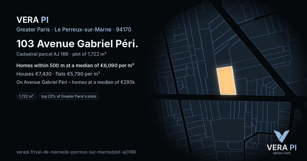 103 Avenue Gabriel Péri, Le Perreux-sur-Marne at night – the plot lit, the parcels around coloured by the prices near them