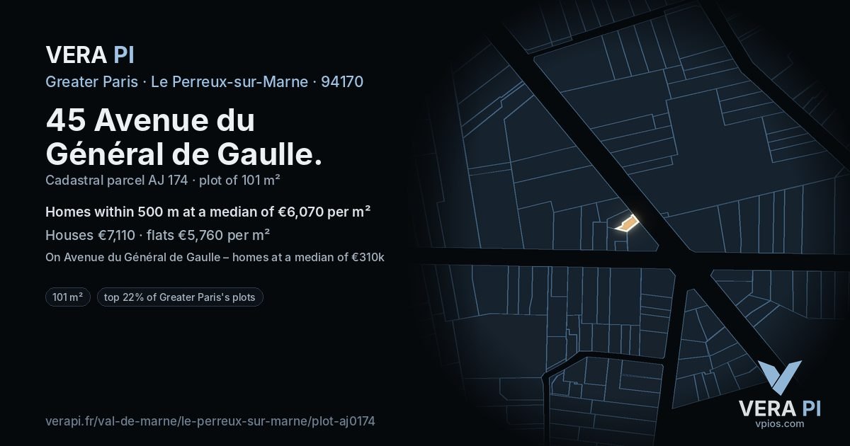45 Avenue du Général de Gaulle, Le Perreux-sur-Marne at night – the plot lit, the parcels around coloured by the prices near them