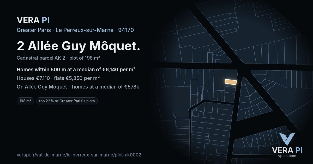 2 Allée Guy Môquet, Le Perreux-sur-Marne at night – the plot lit, the parcels around coloured by the prices near them