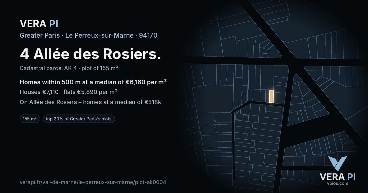 4 Allée des Rosiers, Le Perreux-sur-Marne at night – the plot lit, the parcels around coloured by the prices near them