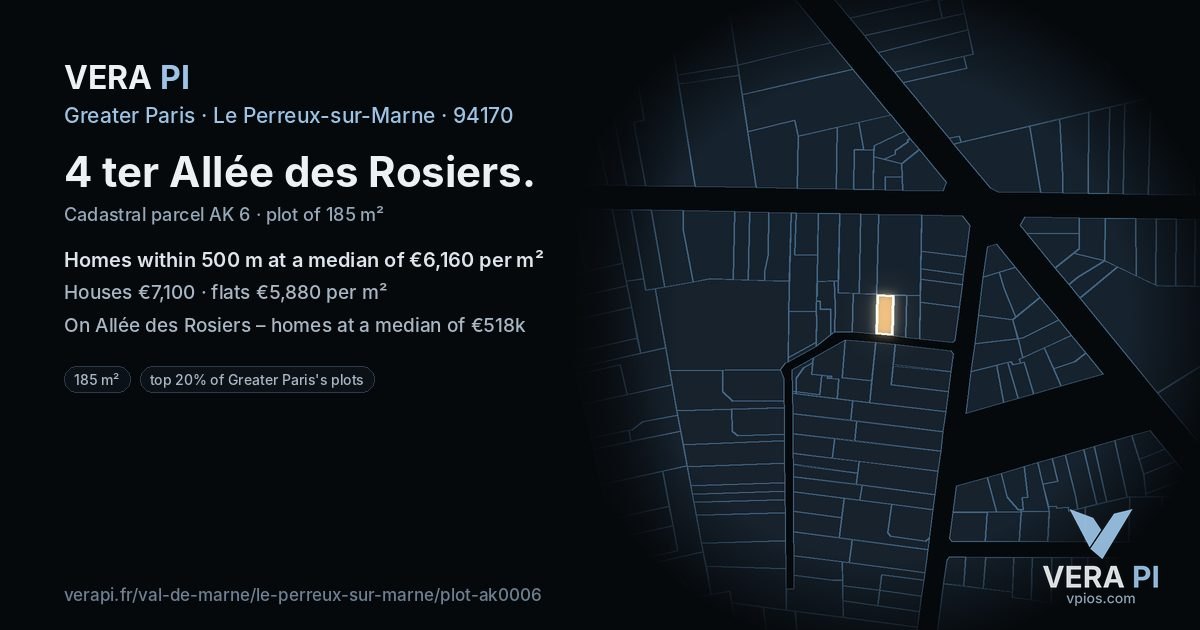 4 ter Allée des Rosiers, Le Perreux-sur-Marne at night – the plot lit, the parcels around coloured by the prices near them