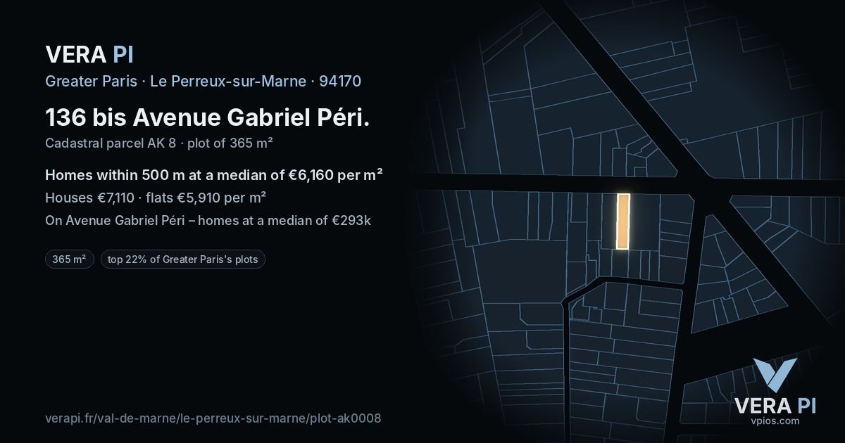 136 bis Avenue Gabriel Péri, Le Perreux-sur-Marne at night – the plot lit, the parcels around coloured by the prices near them