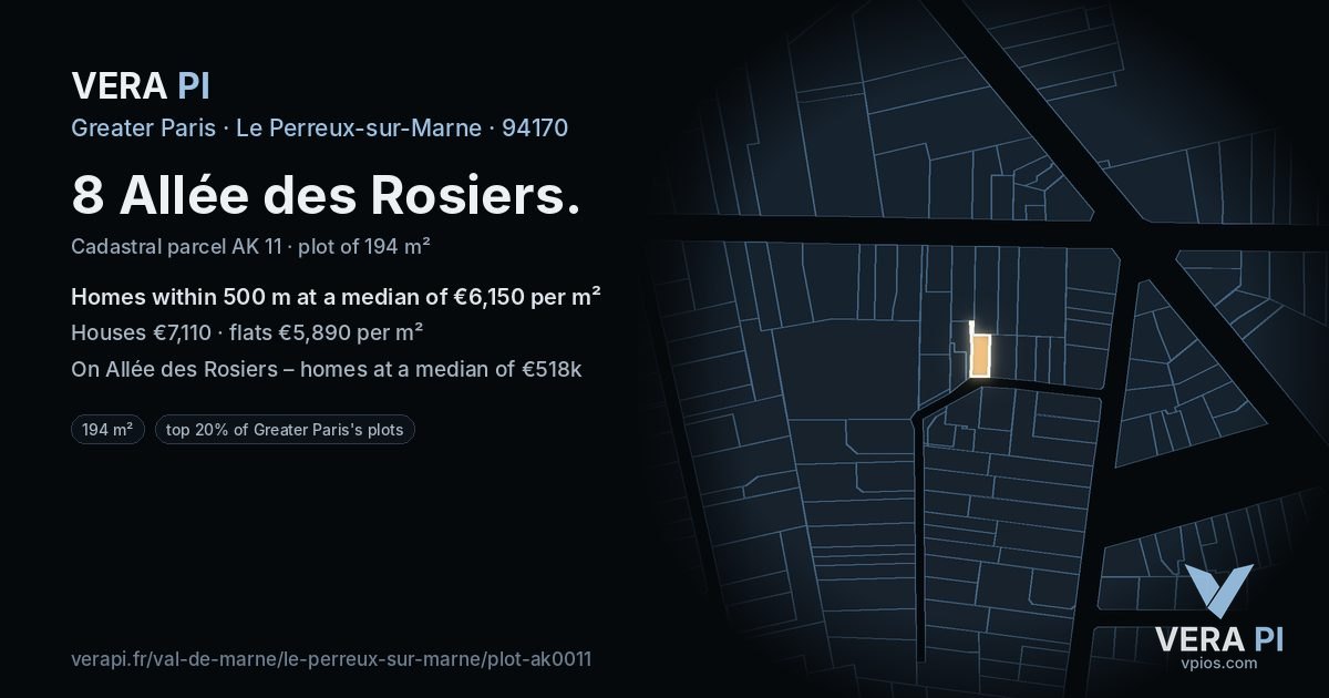 8 Allée des Rosiers, Le Perreux-sur-Marne at night – the plot lit, the parcels around coloured by the prices near them