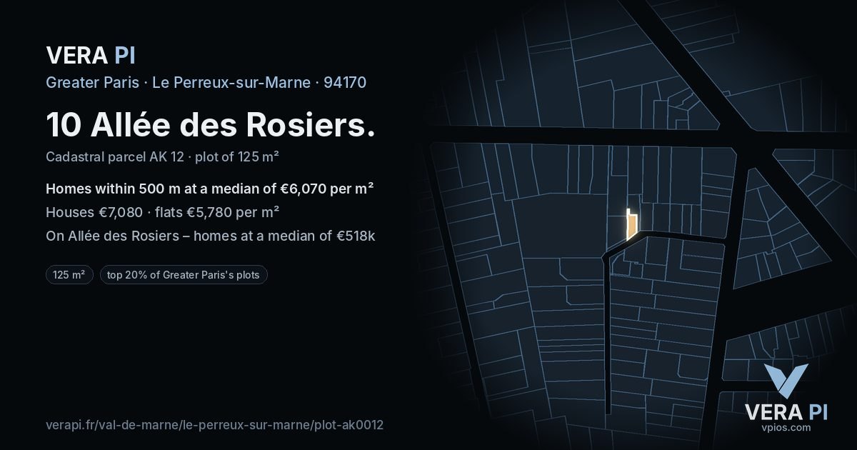 10 Allée des Rosiers, Le Perreux-sur-Marne at night – the plot lit, the parcels around coloured by the prices near them