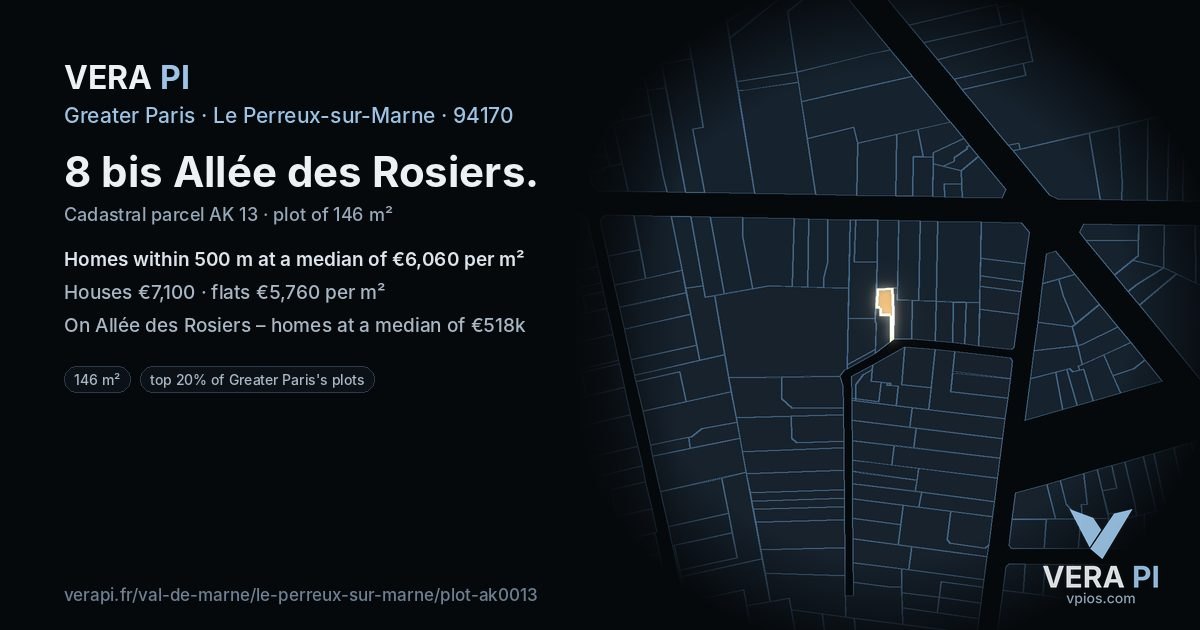 8 bis Allée des Rosiers, Le Perreux-sur-Marne at night – the plot lit, the parcels around coloured by the prices near them