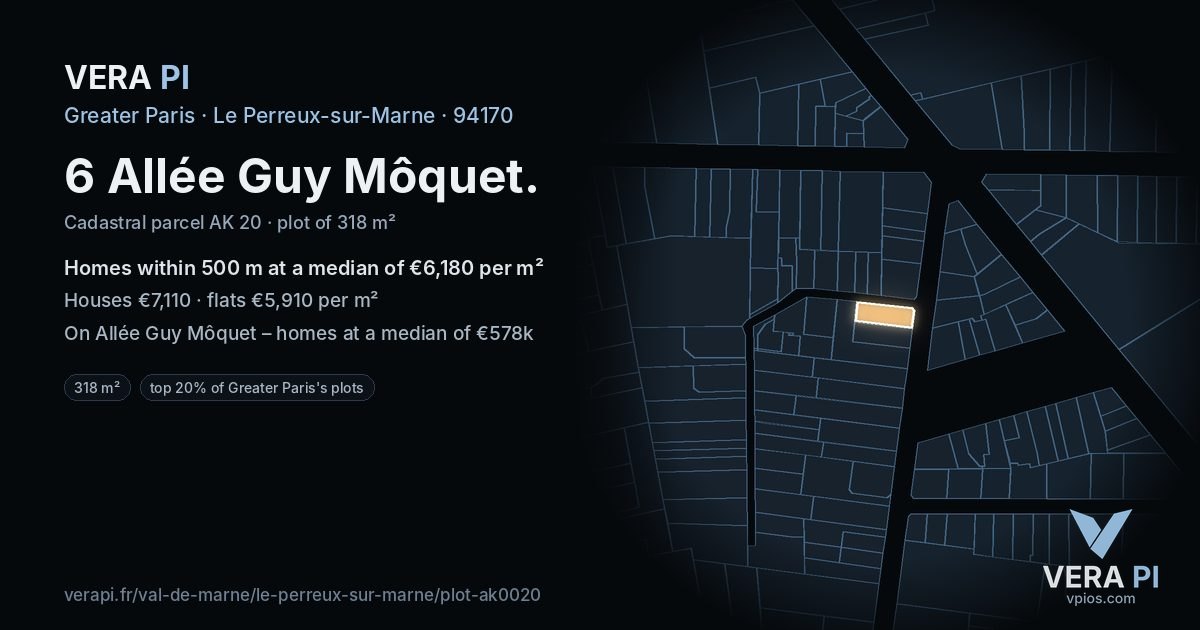 6 Allée Guy Môquet, Le Perreux-sur-Marne at night – the plot lit, the parcels around coloured by the prices near them