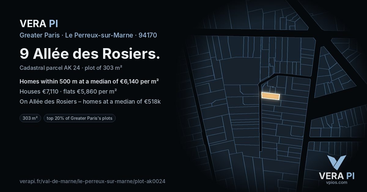 9 Allée des Rosiers, Le Perreux-sur-Marne at night – the plot lit, the parcels around coloured by the prices near them