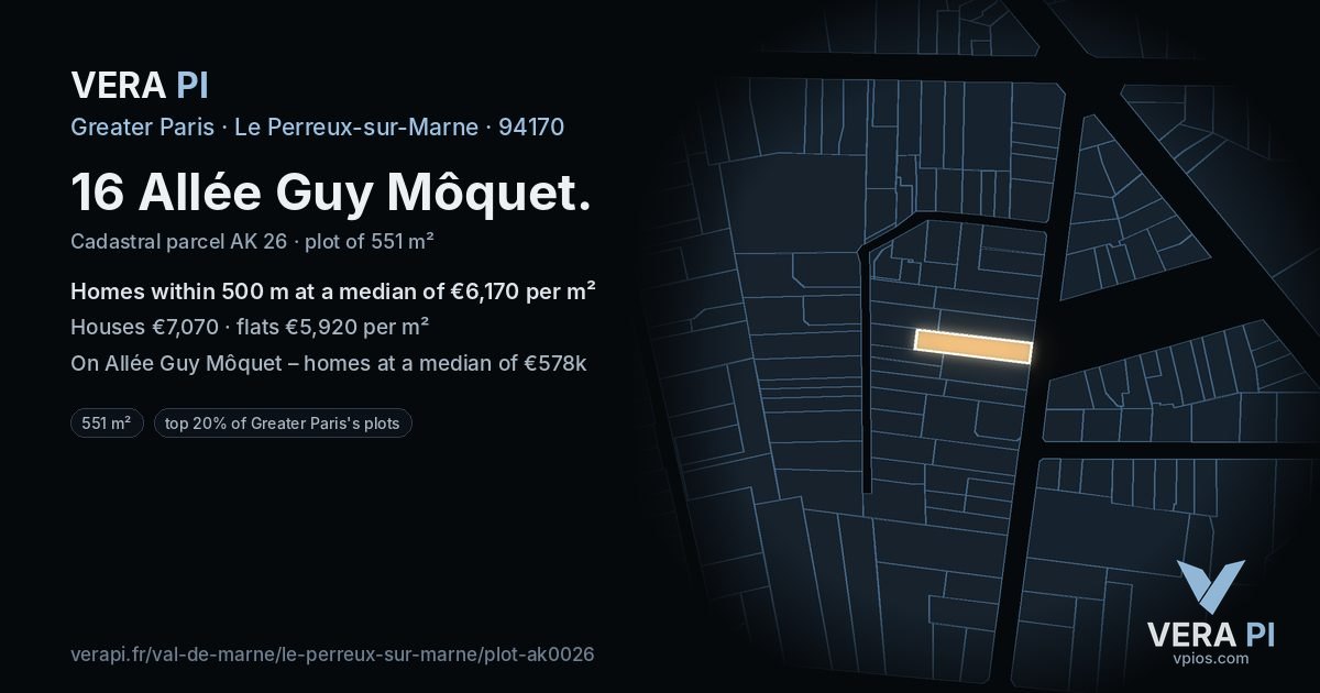 16 Allée Guy Môquet, Le Perreux-sur-Marne at night – the plot lit, the parcels around coloured by the prices near them