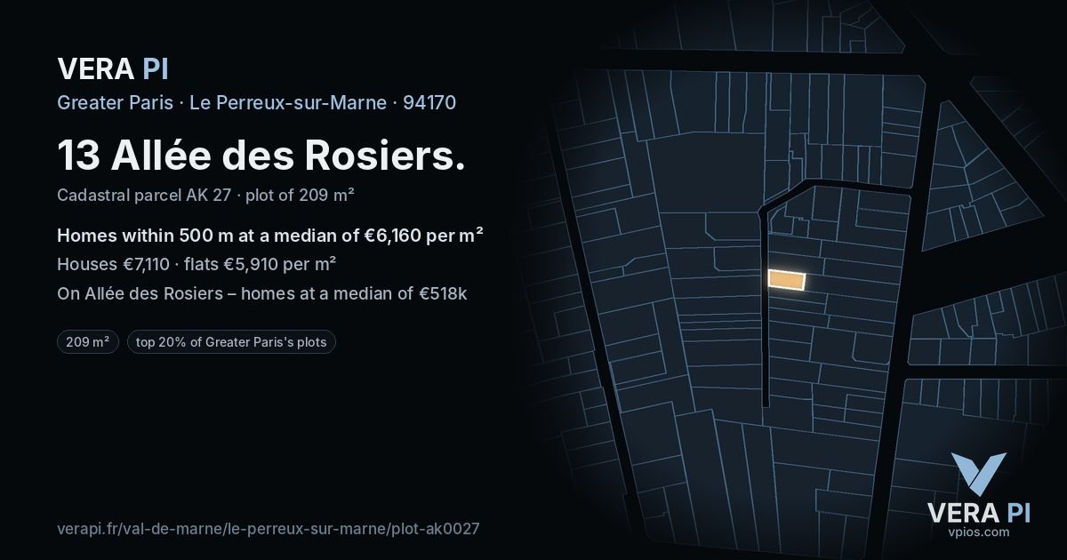 13 Allée des Rosiers, Le Perreux-sur-Marne at night – the plot lit, the parcels around coloured by the prices near them