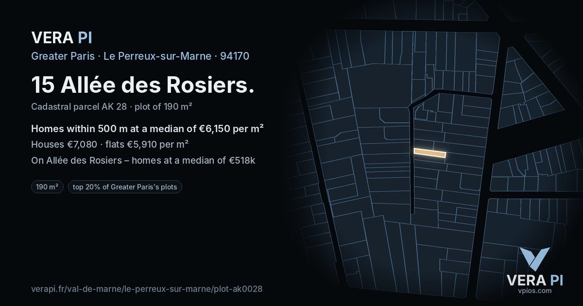 15 Allée des Rosiers, Le Perreux-sur-Marne at night – the plot lit, the parcels around coloured by the prices near them