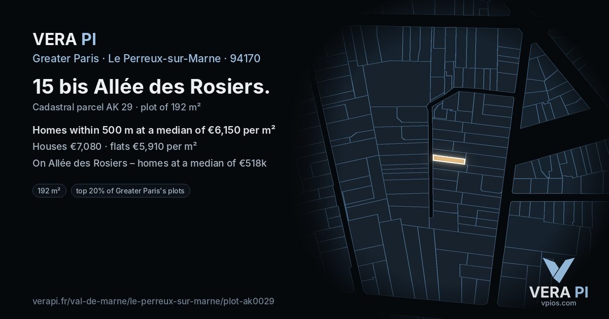 15 bis Allée des Rosiers, Le Perreux-sur-Marne at night – the plot lit, the parcels around coloured by the prices near them