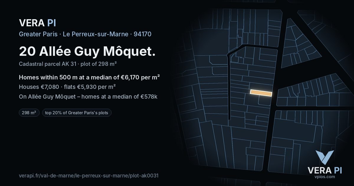 20 Allée Guy Môquet, Le Perreux-sur-Marne at night – the plot lit, the parcels around coloured by the prices near them