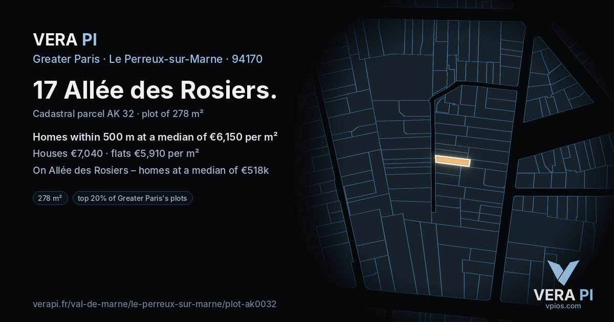 17 Allée des Rosiers, Le Perreux-sur-Marne at night – the plot lit, the parcels around coloured by the prices near them