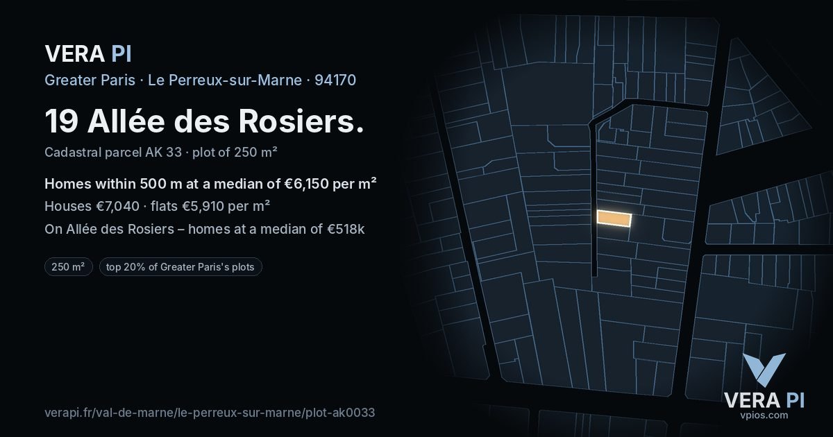 19 Allée des Rosiers, Le Perreux-sur-Marne at night – the plot lit, the parcels around coloured by the prices near them