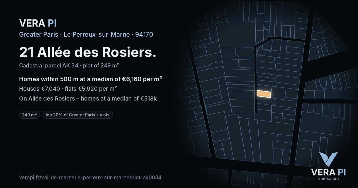 21 Allée des Rosiers, Le Perreux-sur-Marne at night – the plot lit, the parcels around coloured by the prices near them