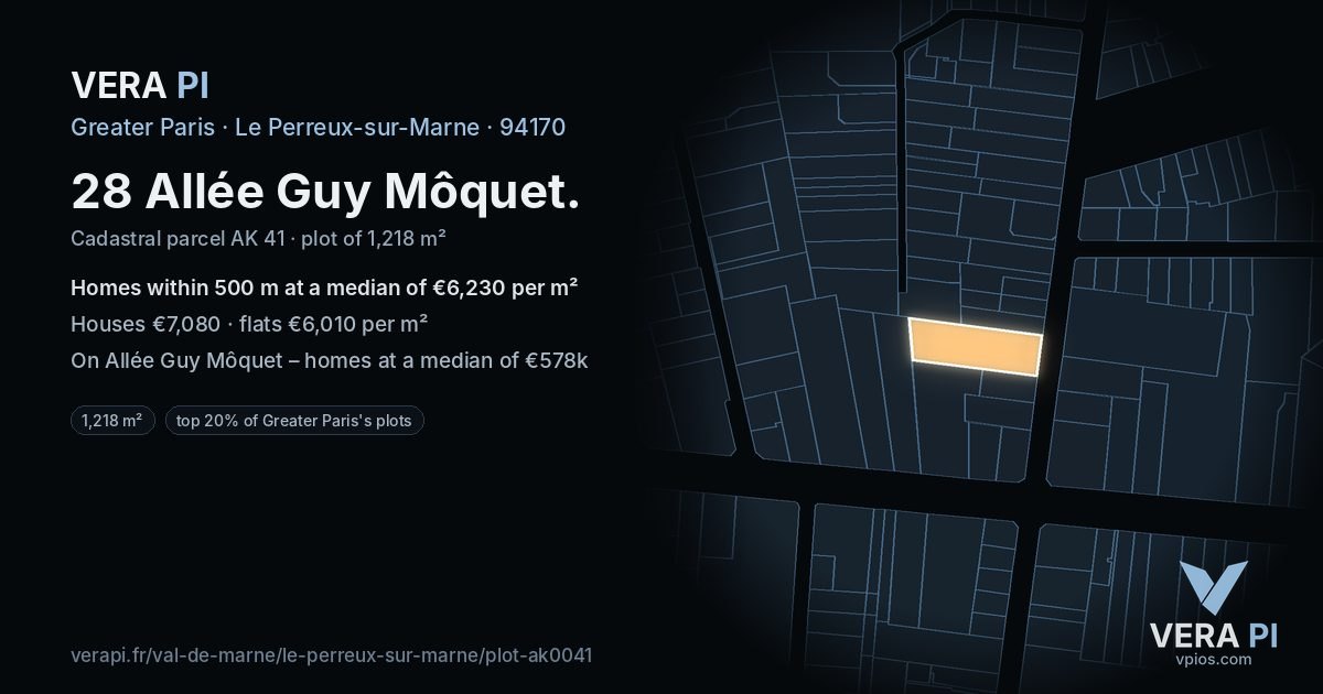 28 Allée Guy Môquet, Le Perreux-sur-Marne at night – the plot lit, the parcels around coloured by the prices near them