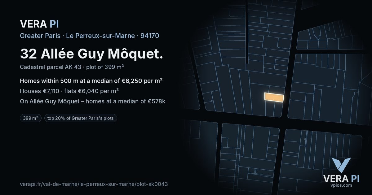 32 Allée Guy Môquet, Le Perreux-sur-Marne at night – the plot lit, the parcels around coloured by the prices near them