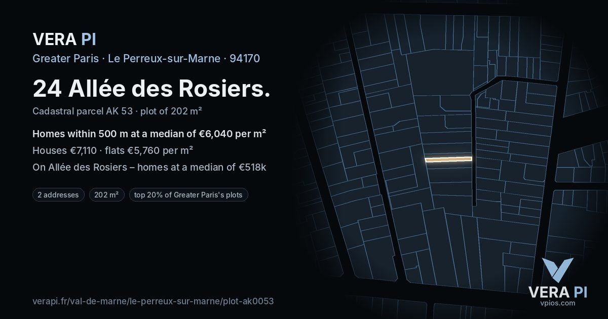 24 Allée des Rosiers, Le Perreux-sur-Marne at night – the plot lit, the parcels around coloured by the prices near them