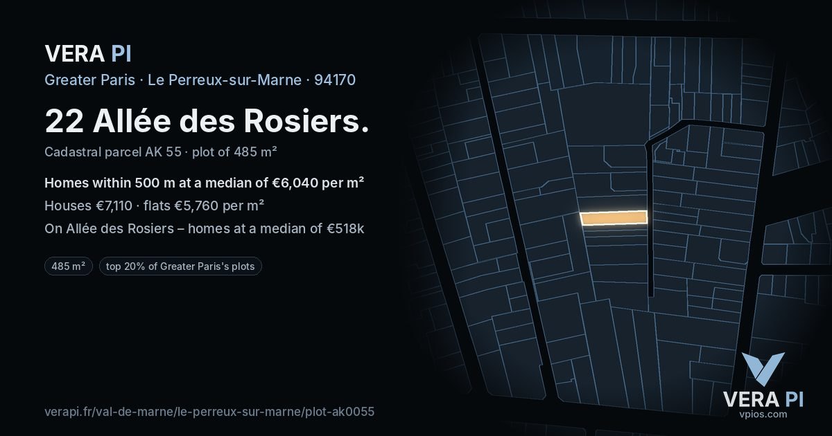 22 Allée des Rosiers, Le Perreux-sur-Marne at night – the plot lit, the parcels around coloured by the prices near them