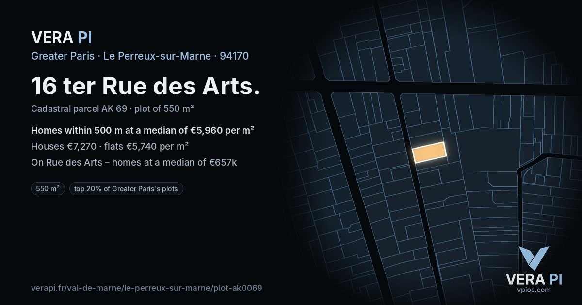 16 ter Rue des Arts, Le Perreux-sur-Marne at night – the plot lit, the parcels around coloured by the prices near them