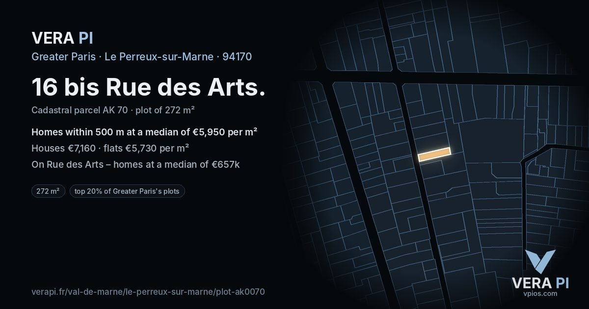 16 bis Rue des Arts, Le Perreux-sur-Marne at night – the plot lit, the parcels around coloured by the prices near them