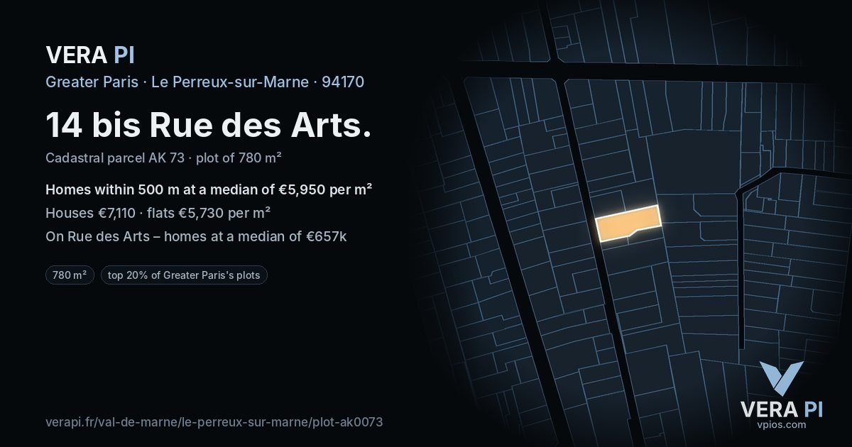 14 bis Rue des Arts, Le Perreux-sur-Marne at night – the plot lit, the parcels around coloured by the prices near them