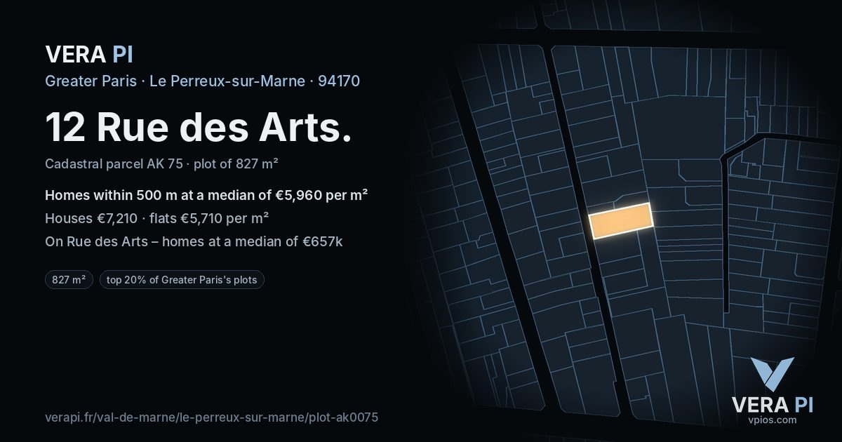 12 Rue des Arts, Le Perreux-sur-Marne at night – the plot lit, the parcels around coloured by the prices near them