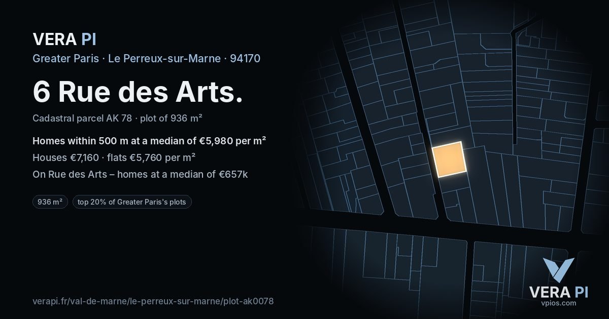 6 Rue des Arts, Le Perreux-sur-Marne at night – the plot lit, the parcels around coloured by the prices near them