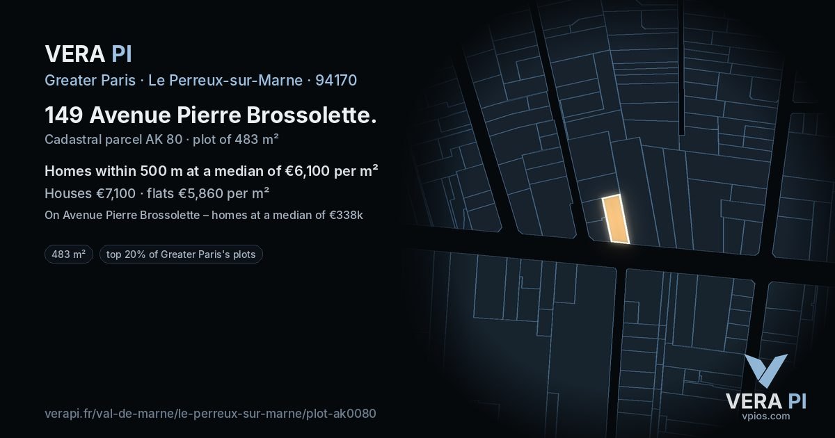 149 Avenue Pierre Brossolette, Le Perreux-sur-Marne at night – the plot lit, the parcels around coloured by the prices near them