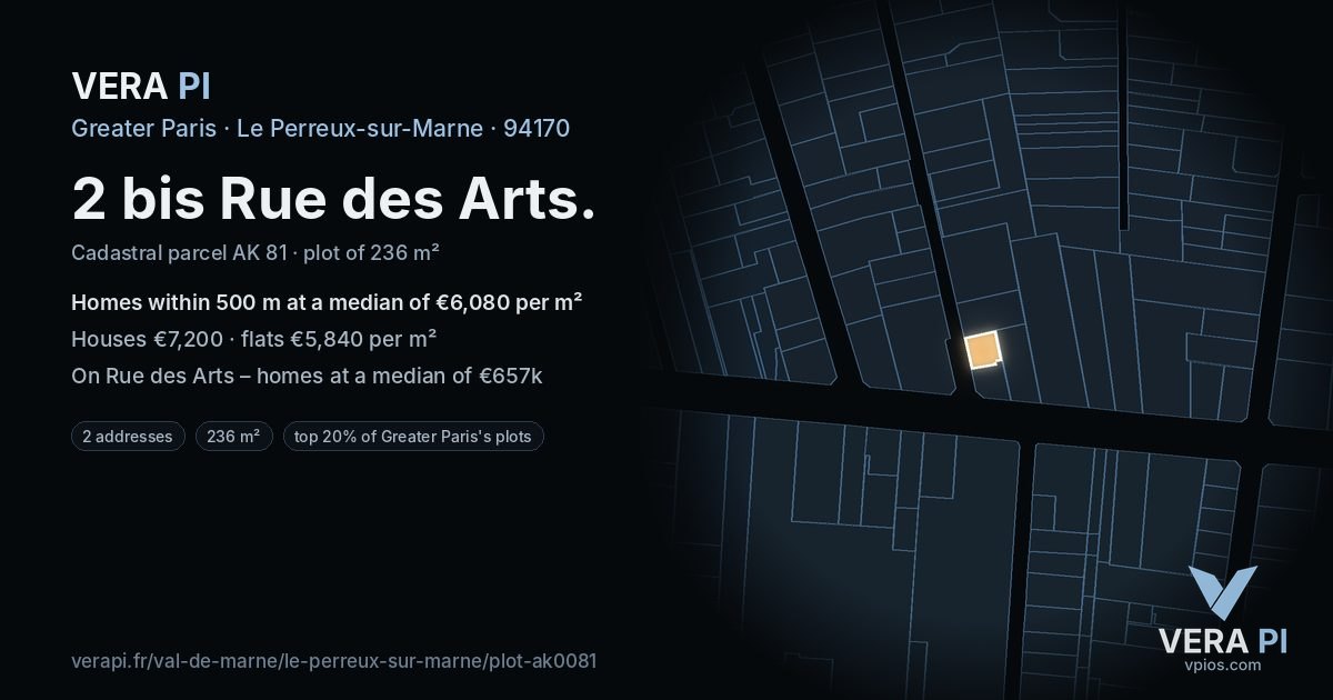 2 bis Rue des Arts, Le Perreux-sur-Marne at night – the plot lit, the parcels around coloured by the prices near them