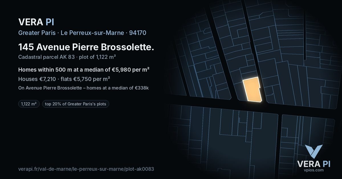 145 Avenue Pierre Brossolette, Le Perreux-sur-Marne at night – the plot lit, the parcels around coloured by the prices near them