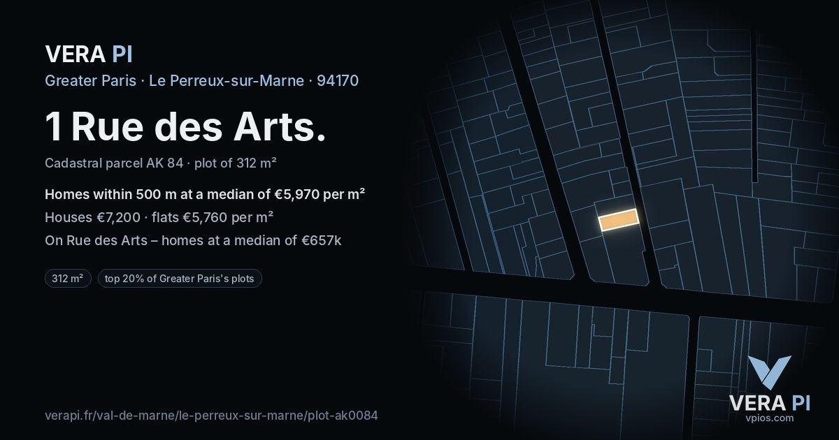 1 Rue des Arts, Le Perreux-sur-Marne at night – the plot lit, the parcels around coloured by the prices near them